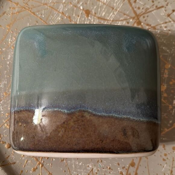 Vintage Artist Signed Decorative Rectangular Vase Teal Green Blue Tan - Picture 10 of 10